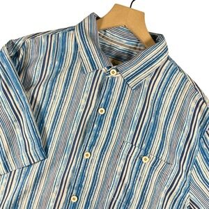 Tommy Bahama Silk Island Zone Button Up Short Sleeve Shirt Men's L Blue Striped